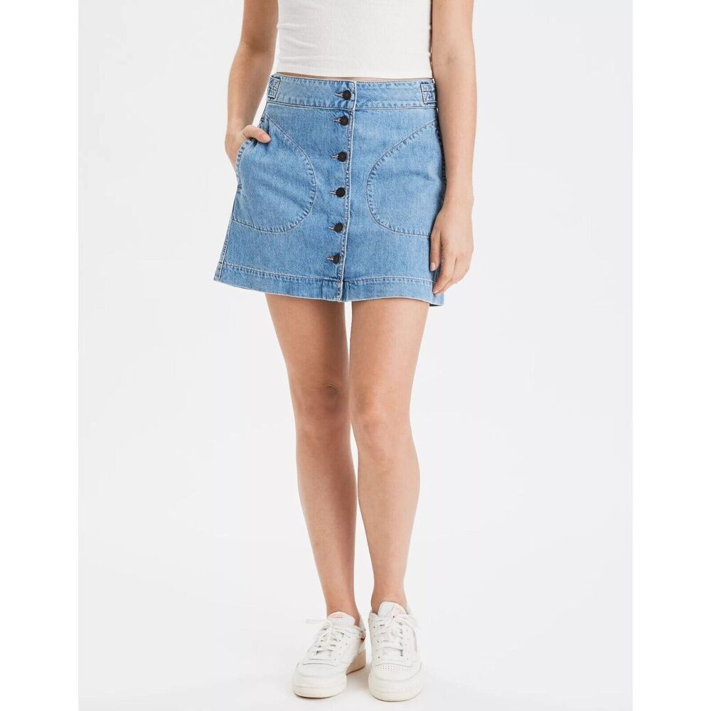 American Eagle Jean Skirt Womens 4 Blue Denimβ Super High Rise A-Line Button NEW